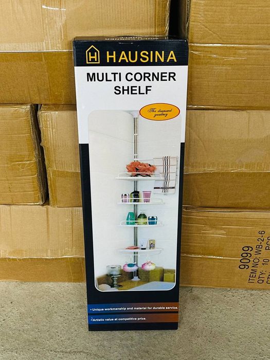 Угловая полка для ванной на распорке, 4 уровня, белая