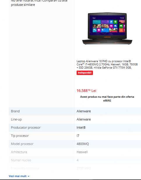 Laptop gaming ALIENWARE ,intel core i7 , doua placi video, 18,4 inch