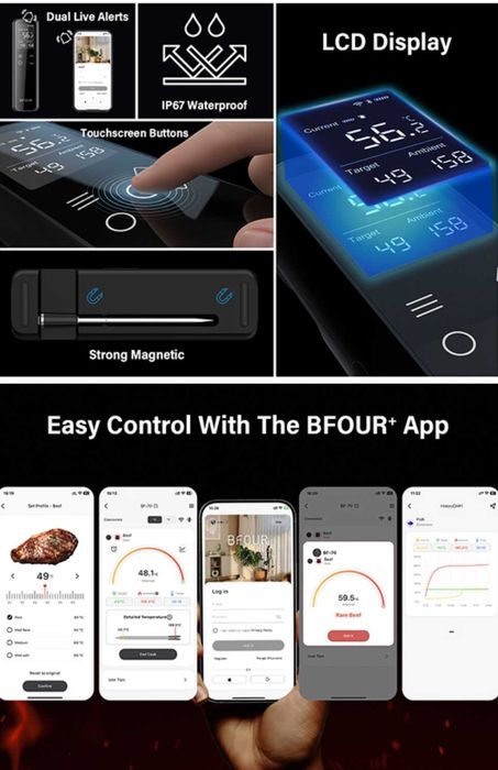 BFOUR WiFi Bluetooth термометър за барбекю,термометър за месо,батерия 2600mAh,BF-70