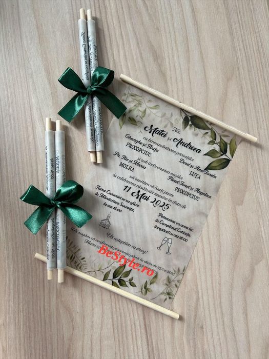 Invitatie nunta 2025 rulata din calc si funda satin