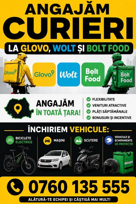 Angajare rapidă curieri Glovo, Bolt Food și Wolt. Câștiguri atractive, program flexibil, suport și plata la timp | Cluj Napoca