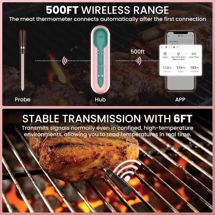 Termometru Carne Wireless IDIAK CP10 - 150m Bluetooth - Roz