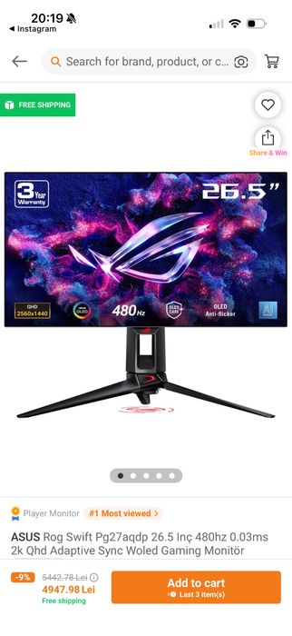 Monitor Asus Swift OLED 26,5 inch 480hz