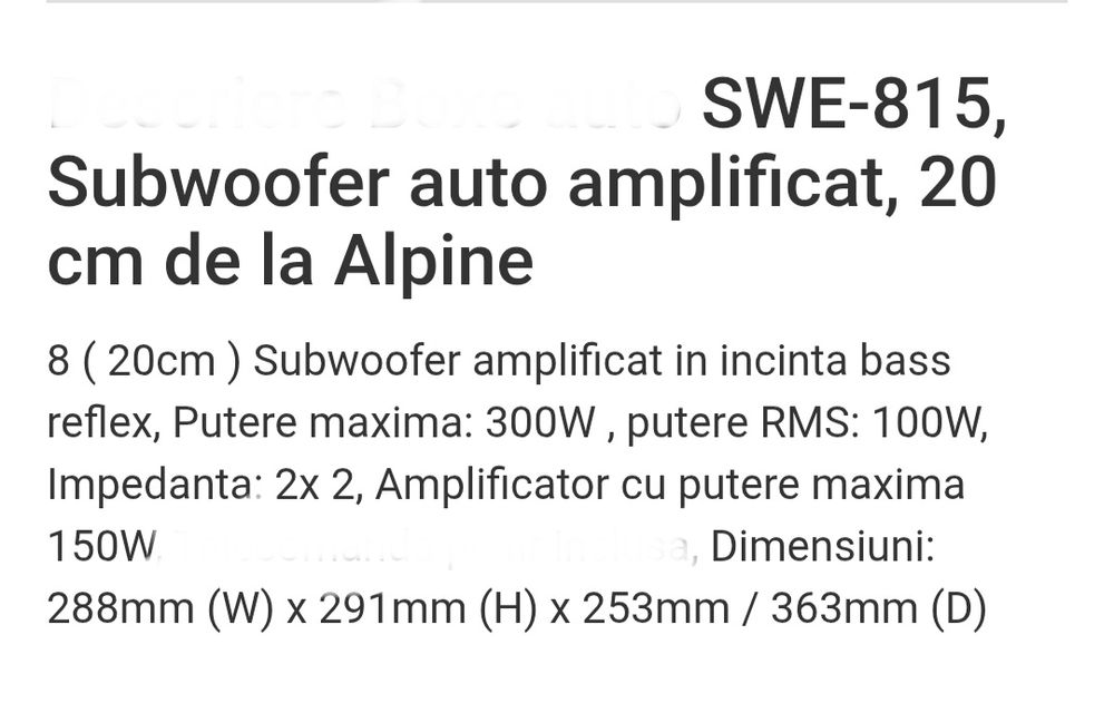 Subwoofer Auto Amplificat, Putere 150W
