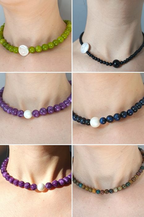 Margele/lanț /colier din pietre de jad cu perla de scoica