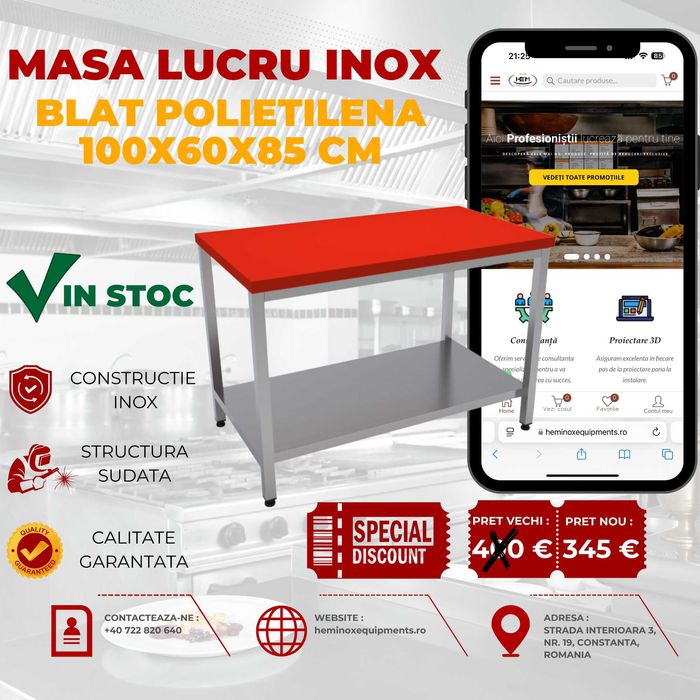 Masa De Lucru Inox Cu O Polita Jos si Blat Polietilena În Stoc