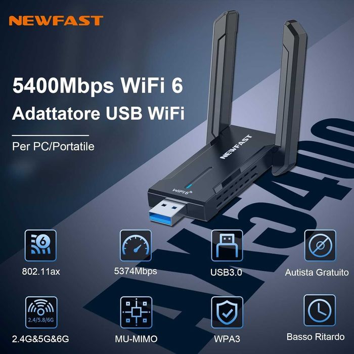Adaptor WiFi NEWFAST 5400Mbps USB WiFi 6E,Antenă WiFi Tri-Band 6/5GHz