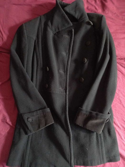 palton dama din lana negru trei sferturi marime 48, L merge si XL