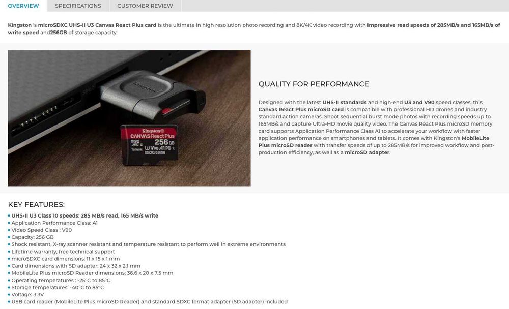 Card memorie Kingston Canavas React Plus  256GB  microSD  UHS-II