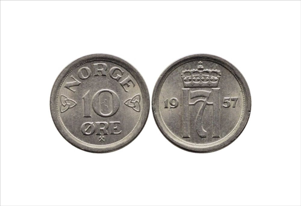 Монета. Норвегия. 10 эре (1957 год)
