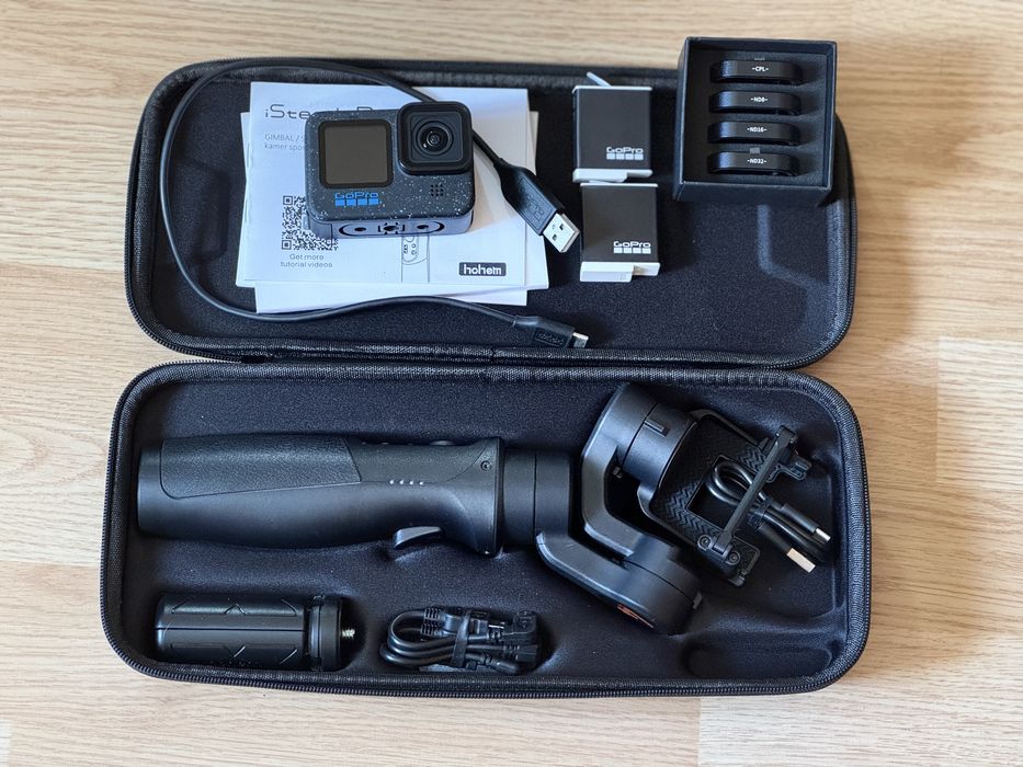 Pachet GoPro Hero 12 Black (2 acumulatori enduro) + Gimbal Hohem iSteady Pro 4 + card 256GB + Filtre ND/CPL