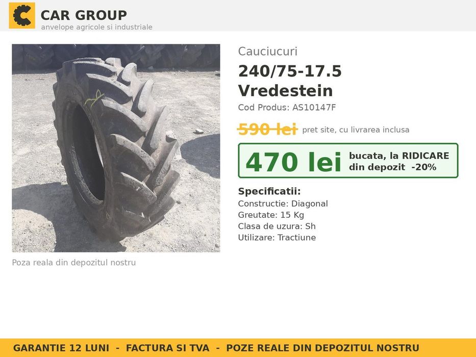 Cauciucuri Anvelope 240/75-17.5 240/75 17.5 24075175 Vredestein Remorca si Implement Utilaje Agricole SH Second Hand LIVRARE Garantie 1 An Factura TVA