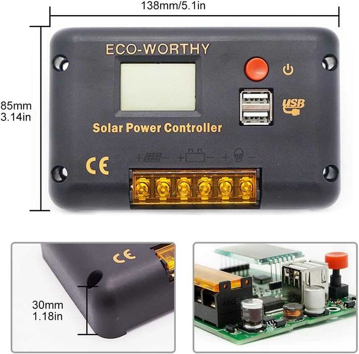 НОВ! PWM соларен контролер 30A за 12V и 24V системи с LCD дисплей, USB