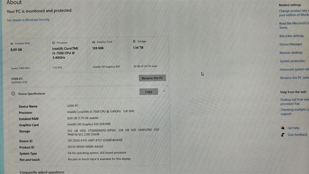 Unitate PC Fujitsu P757, i5-7500, 8GB DDR4, 256GB SSD M2, 1TB HDD