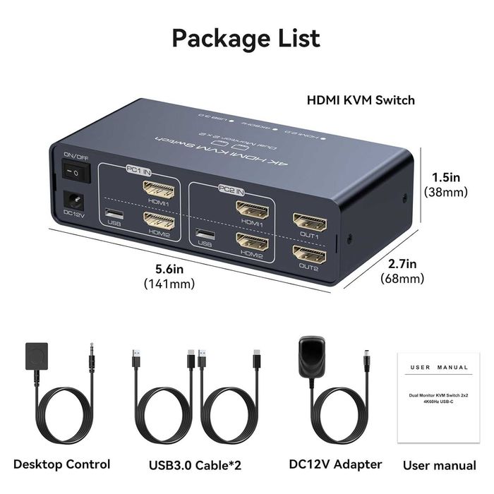 Comutator Switch KVM Vedindust 2monitoare 2PC 4K60HZ Dual HDMI USB C