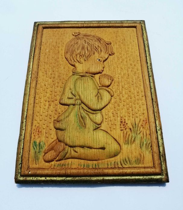 Стара Дървена Картина за Стена - Момче - Дърворезба