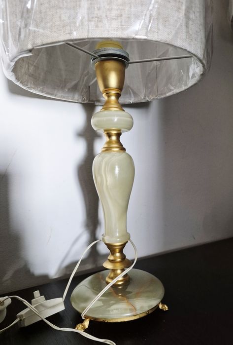 Lampă veioză de masă din alamă și marmură/onix, design vintage din anii '40, 47cm.