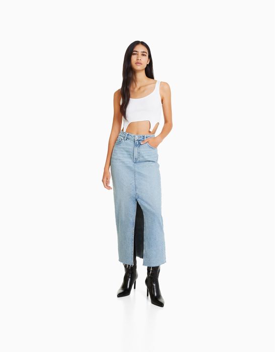 Дълга пола деним bershka denim