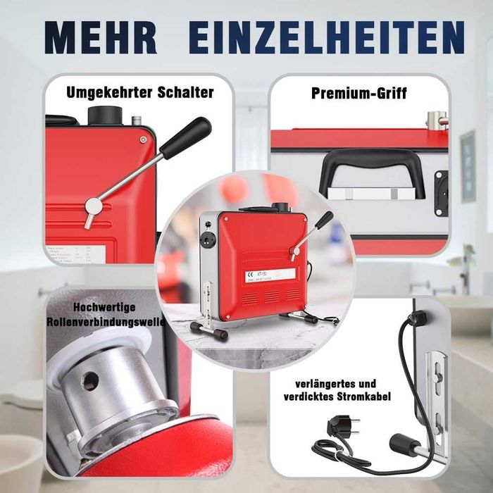 Mașină electrică Profesionala Anbull pentru desfundat țevi, 850 W, cu spirale de 14 m×22 mm, 14,5 m×16 mm și 5m ×10 mm