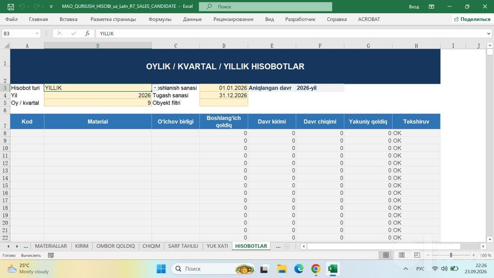 М29 MAO QURILISH HISOBI — Excel dasturida