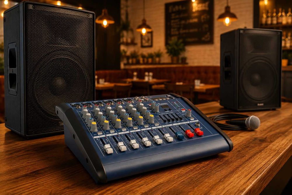 Mixer audio activ 2 x 350W 6 canale Amplificat 16 efecte digital DSP PMX602D USB Bluetooth Egalizator