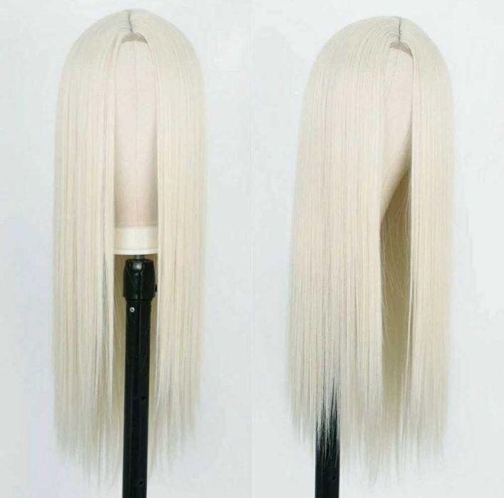 Платинено руса синтетична перука - 75 см, права, с дантела 13×4×1