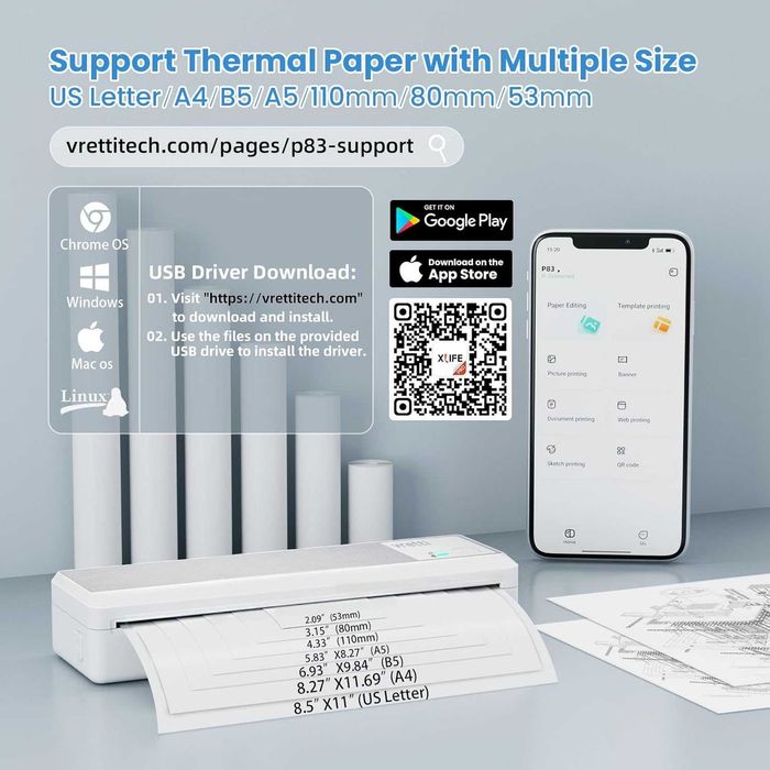 Imprimanta portabila Vretti P83 A4 termica 203 dpi, 2600mAH baterie