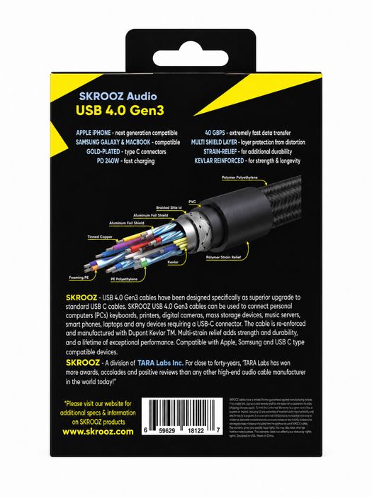 Cablu USB-C Premium SKROOZ by TARA Labs – USB4 40Gbps | 240W Fast Charging | Kevlar Reinforced