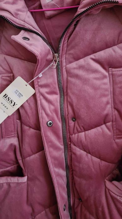 Дамско Дълго Зимно Яке Кадифе, Розово, с изкуствена козина топло, вата