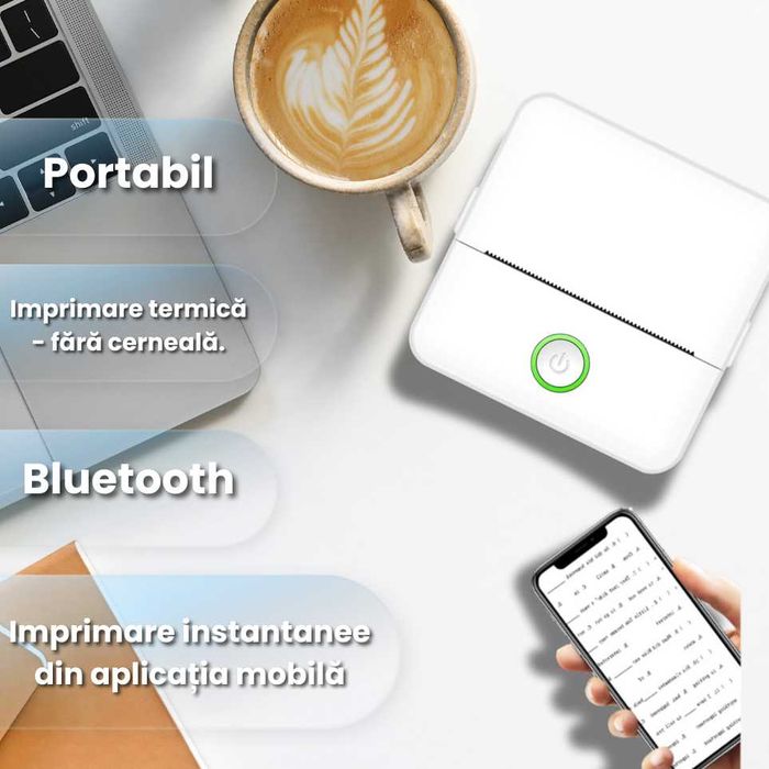 Imprimanta termica mini portabila Bluetooth 57mm, fara cerneala, imprimanta foto & etichete DIY pentru copii, aparat de buzunar cu aplicatie mobil