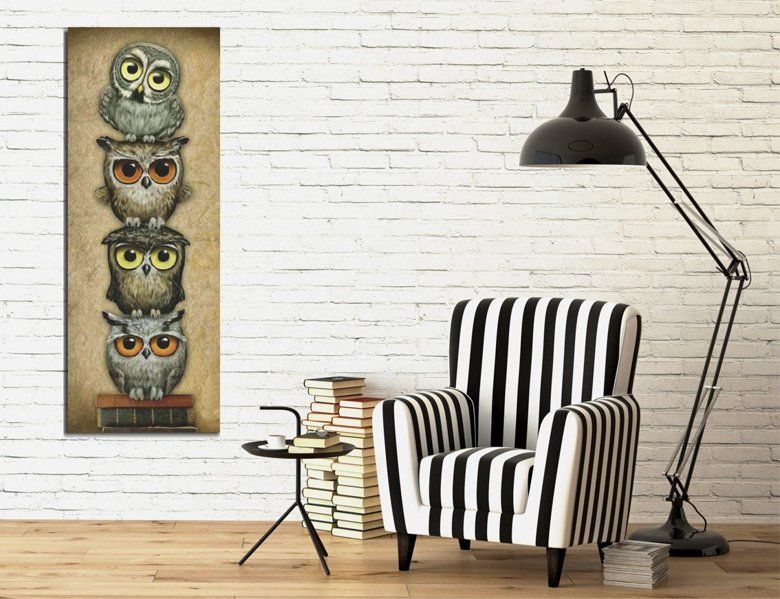 Superb tablou efect 3D - 4 BUFNITE INTELEPTE auriu/bronz /panza canvas