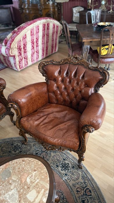 Луксозен италиански кожен комплект – диван + 2 фотьойла Baroque / Chesterfield стил