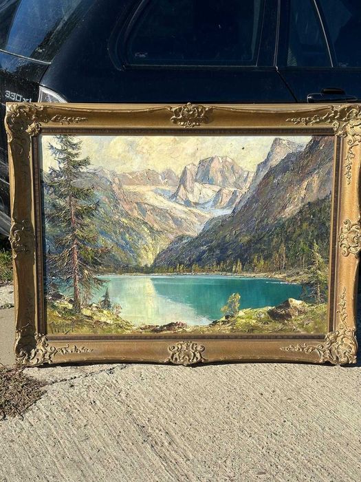 TABLOU ADOLF SCHUHKNECHT - Peisaj Lac Alpin Tirol - Ulei Pe Panza - 120 x 90 cm + Rama Lemn Originala - 1940-50 !