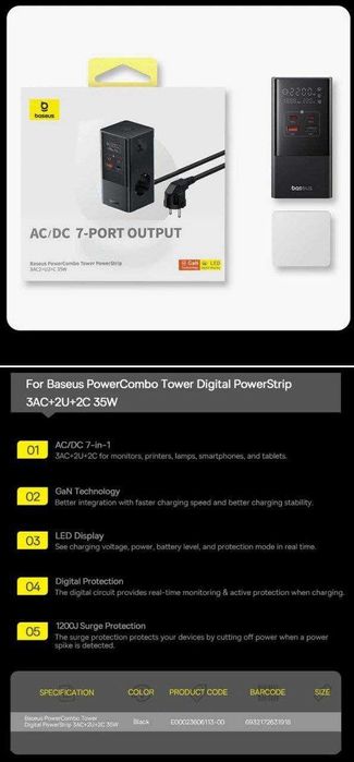 Baseus 35w Gan5 Pro с цифровым дисплеем и кнопкой и розеткой