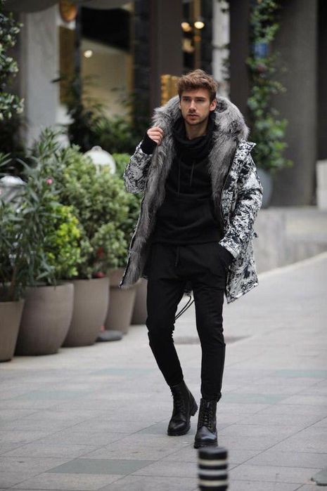 Parka lunga de iarna pentru barbati cu blana eco, L