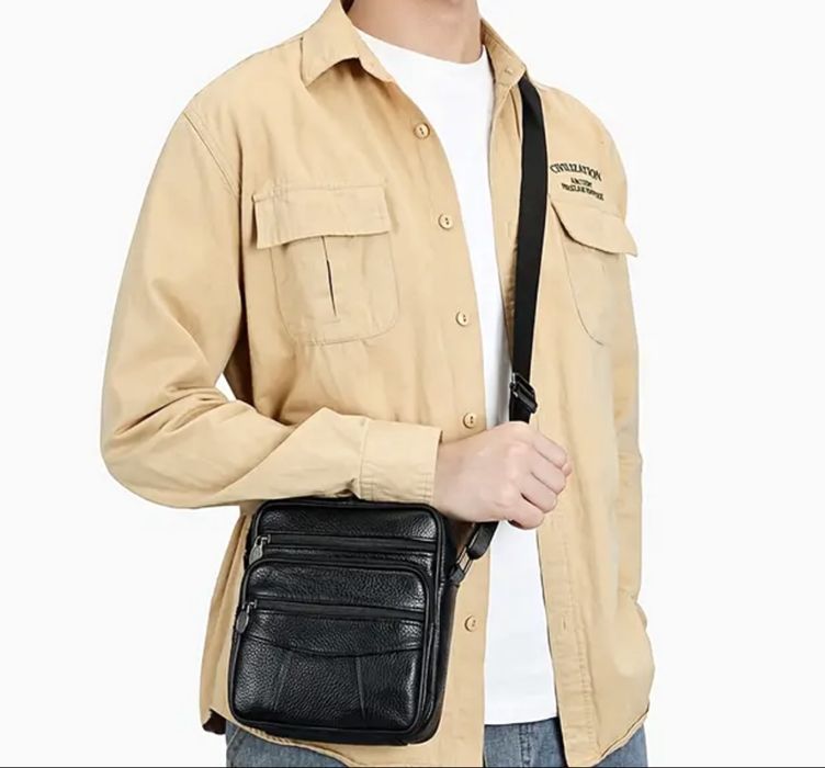 Мъжка универсална кожена чанта/Практична и удобна с черна естест. кожа