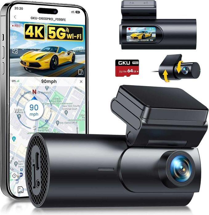 Camera auto GKU 4K+1080P față/spate cu card SD de 64GB, GPS WiFi 5GHz, cameră auto IPS de 1.5” cu monitorizare a parcării, vedere nocturnă superioară