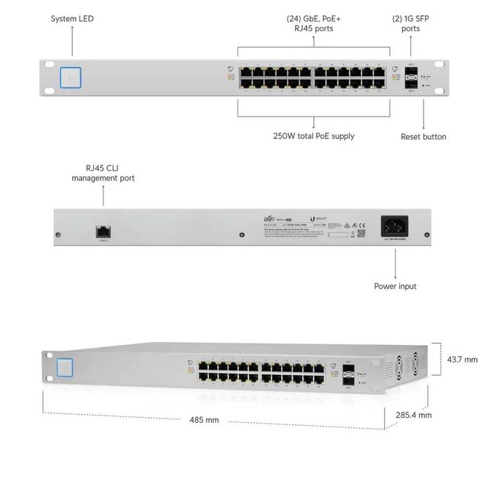 Switch PoE Ubiquiti UniFi cu 24 porturi Gigabit, 2xSFP, managed, rackabil - US-24-250W