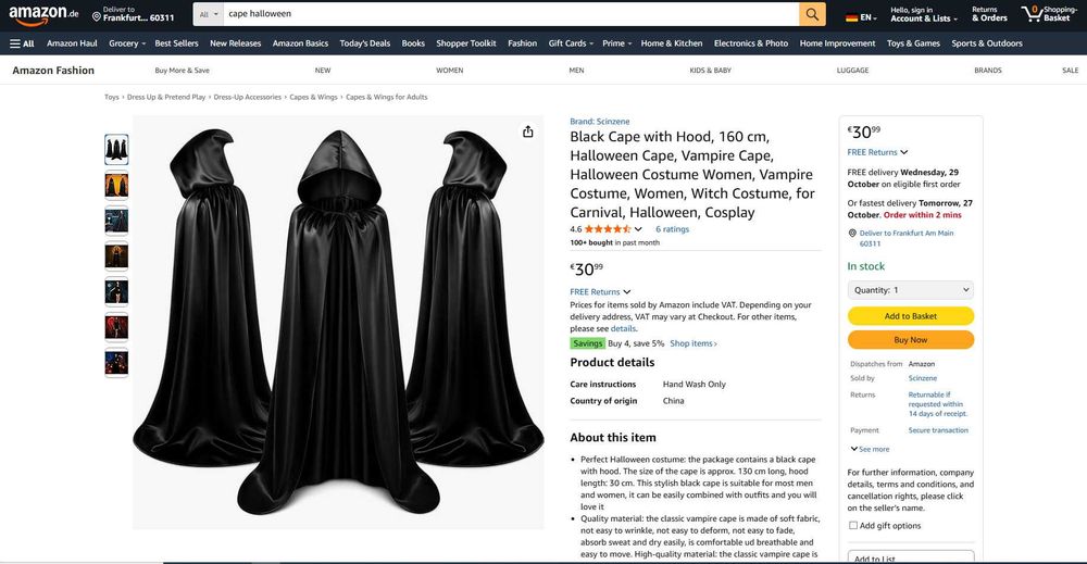 Pelerina/ costum Halloween PREMIUM, BLACK, REDUS de la 150RON