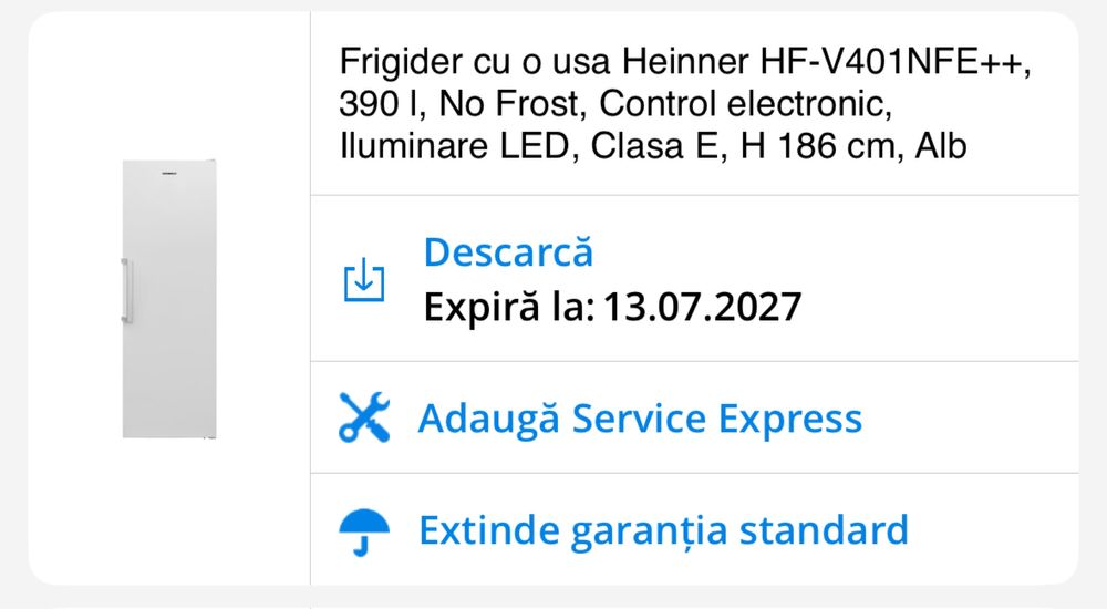Frigider cu o usa Heinner, 390 l, No Frost, 186cm, Garantie