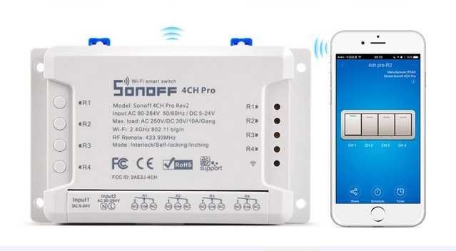 Sonoff 4CH PRO R3- WiFi смарт реле AC/DC с 4 изхода 10A + RFконтр