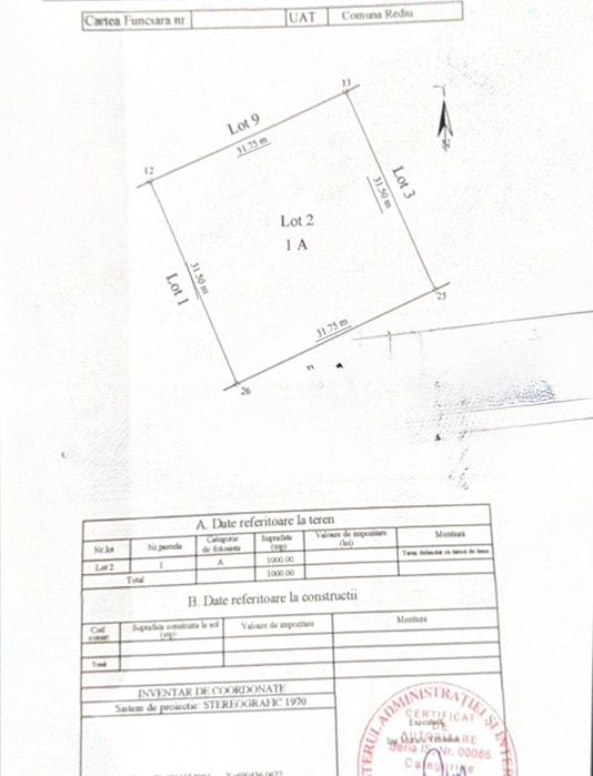 Teren intravilan, 1000 mp, forma patrata, toate utilitatile, Rediu