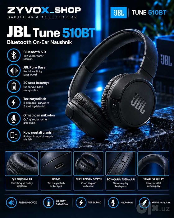 JBL Tune 510BT simsiz Bluetooth quloqchin