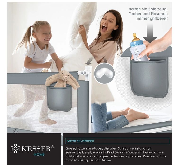 Защитна ограда за детско легло, размери 180 см x 44 см x 72-96 см