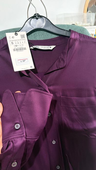 Cămașă Zara satin gros, S, nouă, mov prună