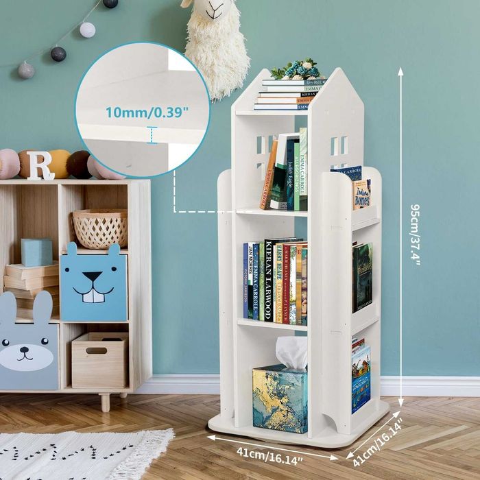 Въртяща се на 360° библиотека за деца, малка въртяща се библиотека с 3 нива, бяла библиотека за деца, спалня, хол, офис