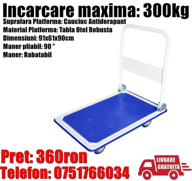 Platforma Carucior Transport Aprovizionare Marfa Colete Bagaje Piese Saci Lada Suporta 300 kg Brat Rabatabil Gri LIVRARE GRATUITA TM