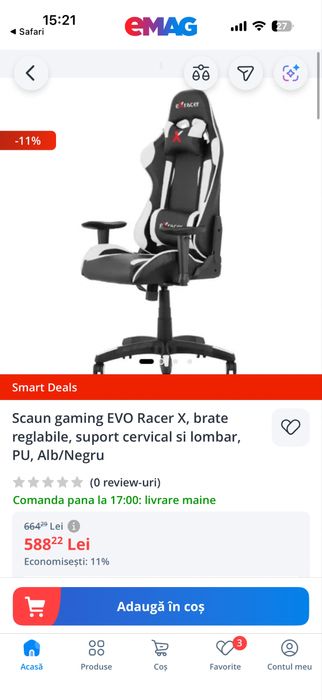 Scaun gaming EVO Racer X, brate reglabile, suport cervical si lombar