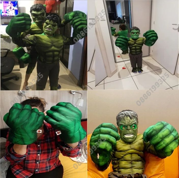 Детски костюм на Хълк с мускули, маска и Голяма Ръкавица Hulk костюм