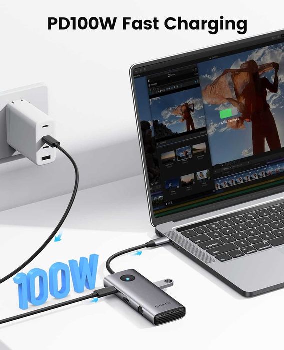 USB Hub Док станция Orico 8в1 Type-C CReader PD 100W 4K-60Hz Ethernet